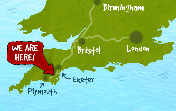We are located half way between Plymouth and Exeter in South Devon. Click for directions